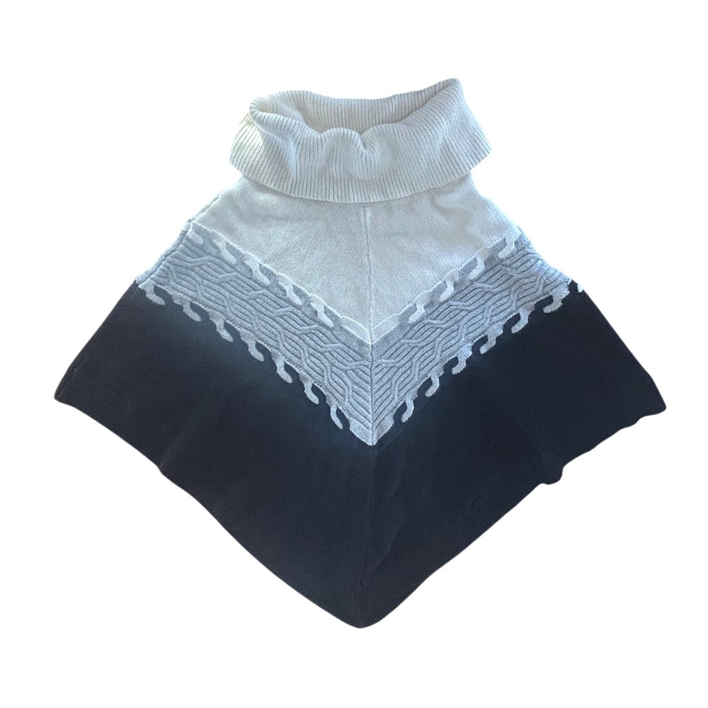 Talbots Colorblock Cable‎ Knit Turtleneck Poncho Black White Gray Large Chevron - Picture 3 of 5